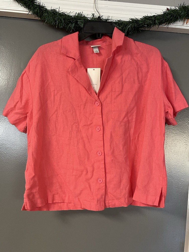New Day Linen Short Sleeve Button-Down Camp Shirt Womens Small Pink