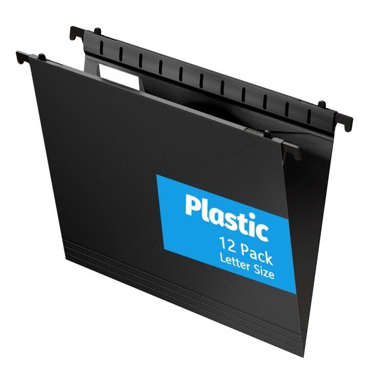 12 Pack Reinforced Plastic Hanging File Folders Letter Size with 2 Tabs
