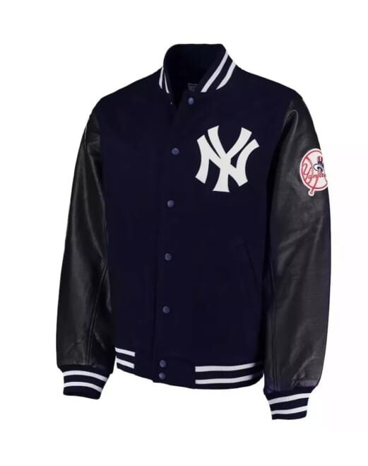 NY Yankees Men's Navy Blue Letterman Varsity Jacket with Black Leather Sleeves
