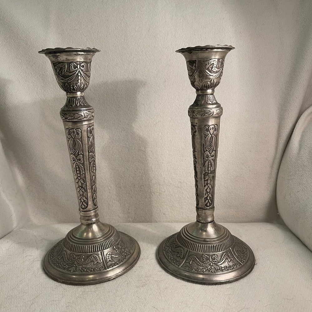 Vtg Large Ornate Handcrafted Silver Metal Candlestick Holders Set 2