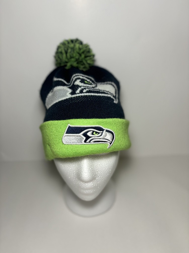 Seattle Seahawks Beanie New Era NFL Blue Green Cuffed Winter Knit Cap With Pom