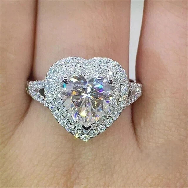 2.00Ct Heart Cut Moissanite Double Halo Engagement Ring 14K White Gold Plated