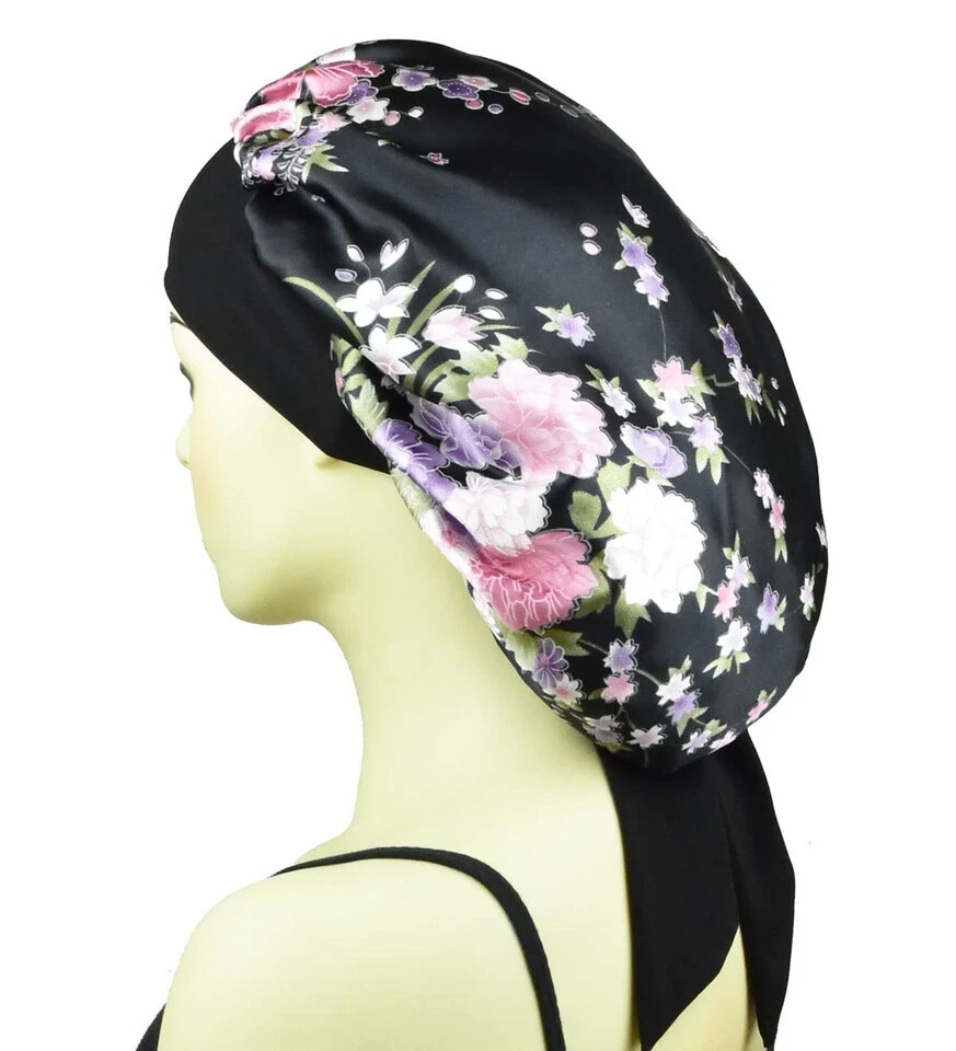 Silk Bonnet Satin for Sleeping Curly Hair Cover Large, Black Floral