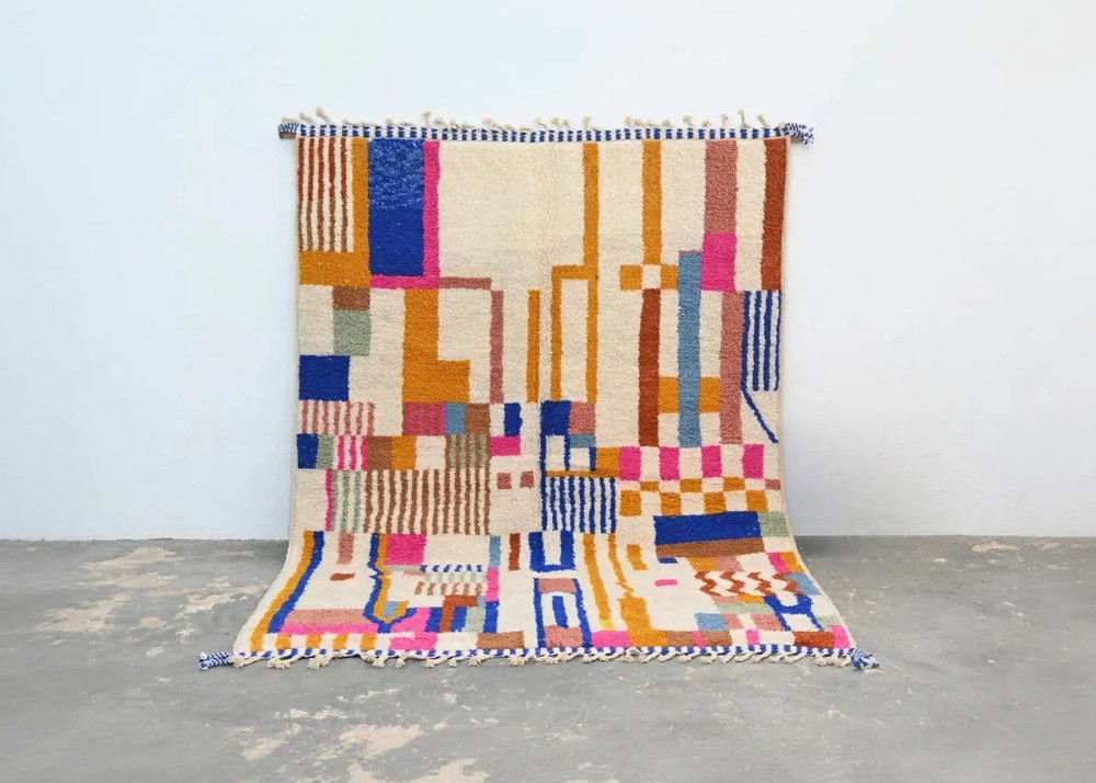Multicolored Moroccan Rug, Handmade Wool Berber, Abstract Boujaad Area Carpet