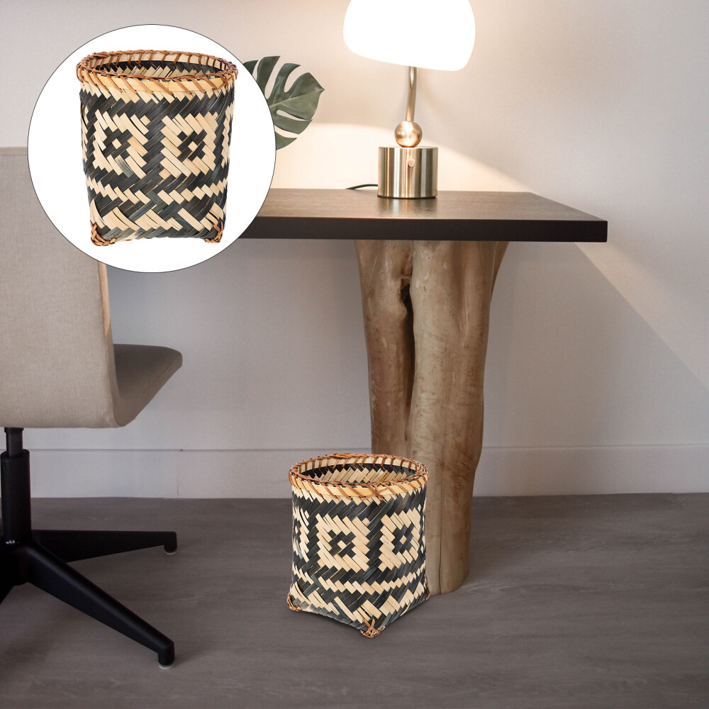 Wicker Waste Paper Basket Woven Baskets Bamboo Trash Can Car Decor