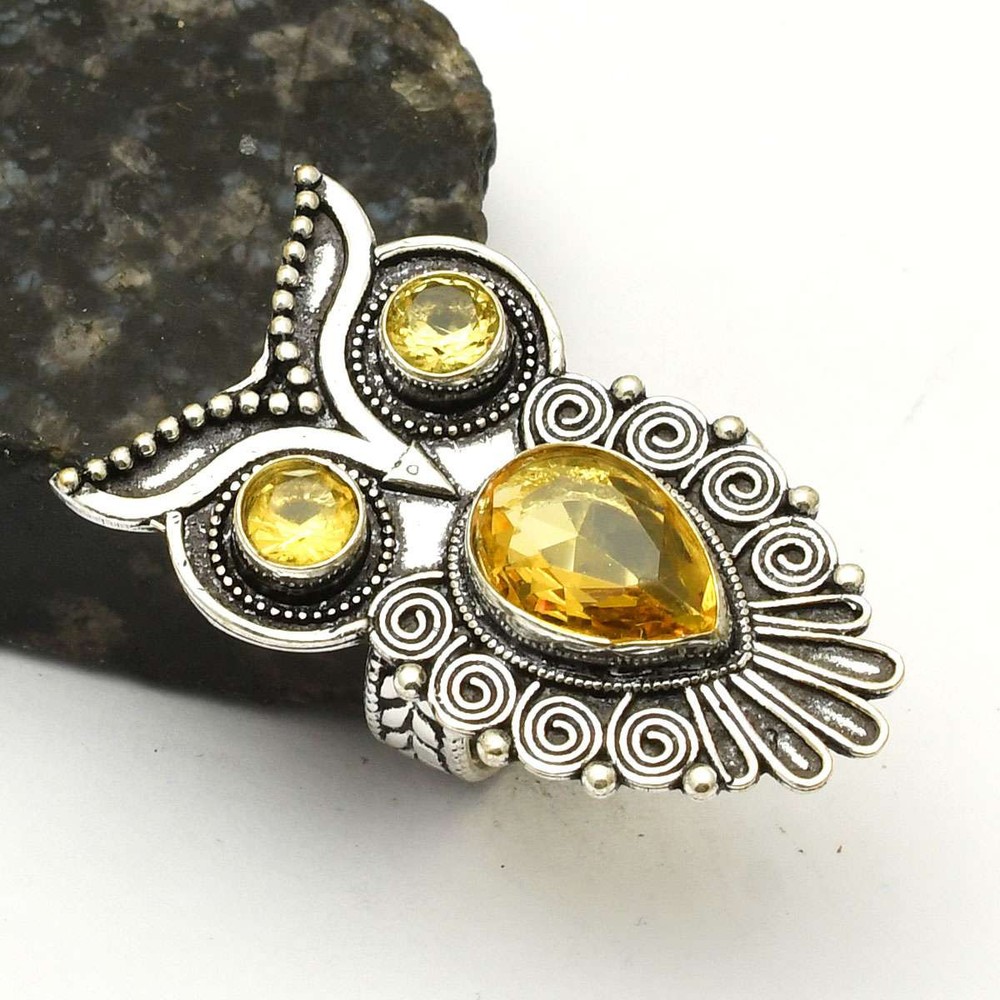 Citrine Gemstone Ethnic Owl Ring Jewelry Gift For Her US Size-9 AR 84906