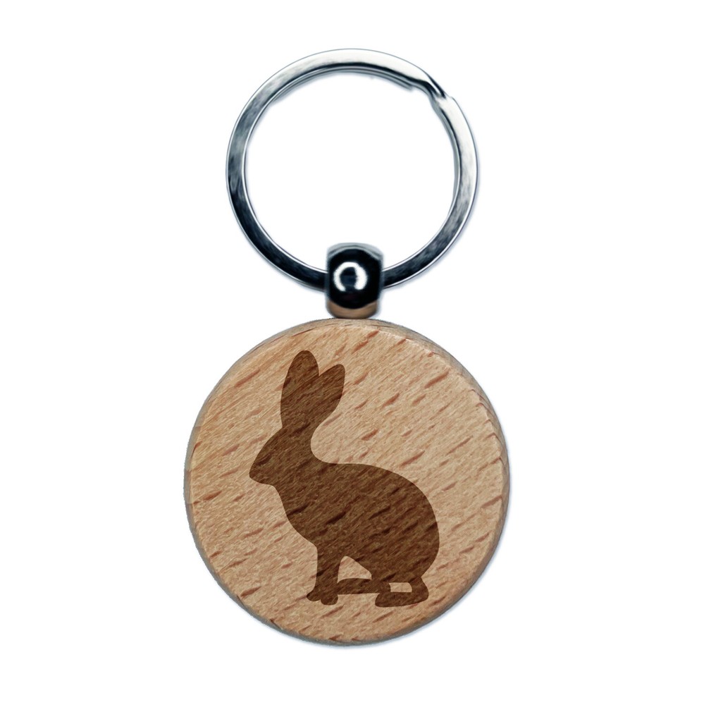 Jack Rabbit Silhouette Engraved Wood Round Keychain Tag Charm