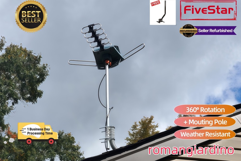 Outdoor TV Antenna Pole Motorized 4K 360° Rotation HDTV Amplified Flash Sale-image