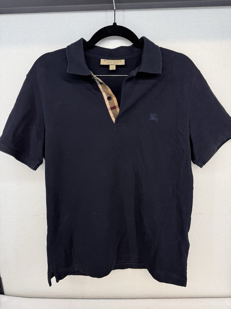 Burberry London Men’s Navy Cotton Piqué Polo Shirt Check Placket Size Medium