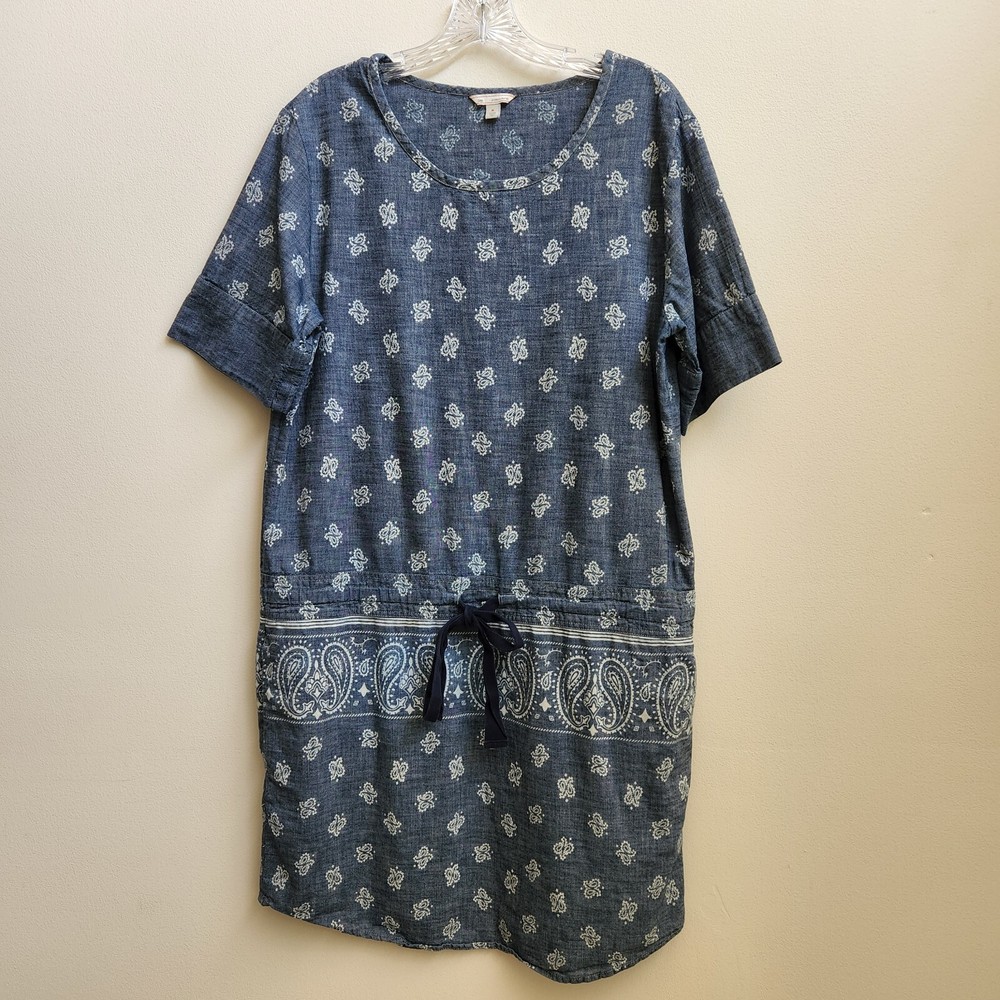 Gap Navy Heather Paisley Short Sleeve Dress Sz Medium Womens Pockets Drawstring