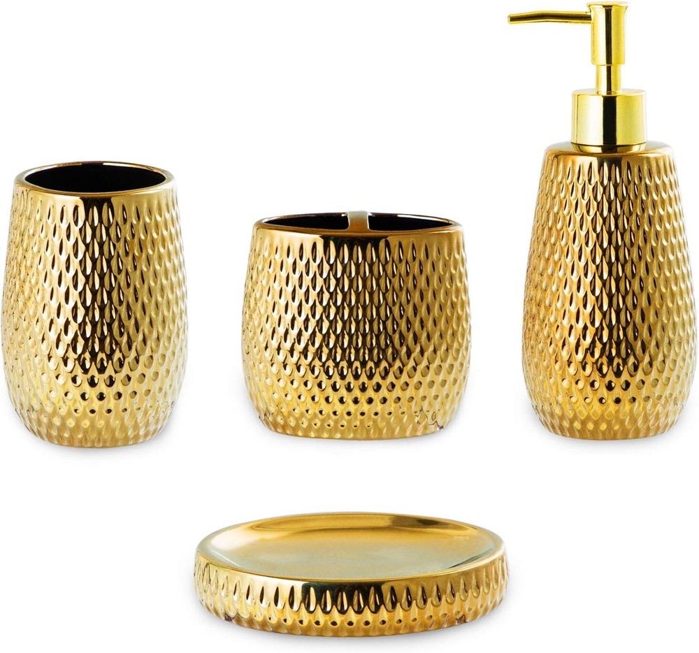 4-Piece Gold Ceramic Bathroom Accessory Set with Soap Dispenser