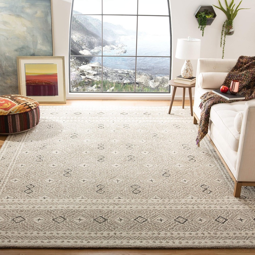 Micro-Loop Collection Area Rug - 5' Square, Grey & Ivory, Handmade Wool, Idea...