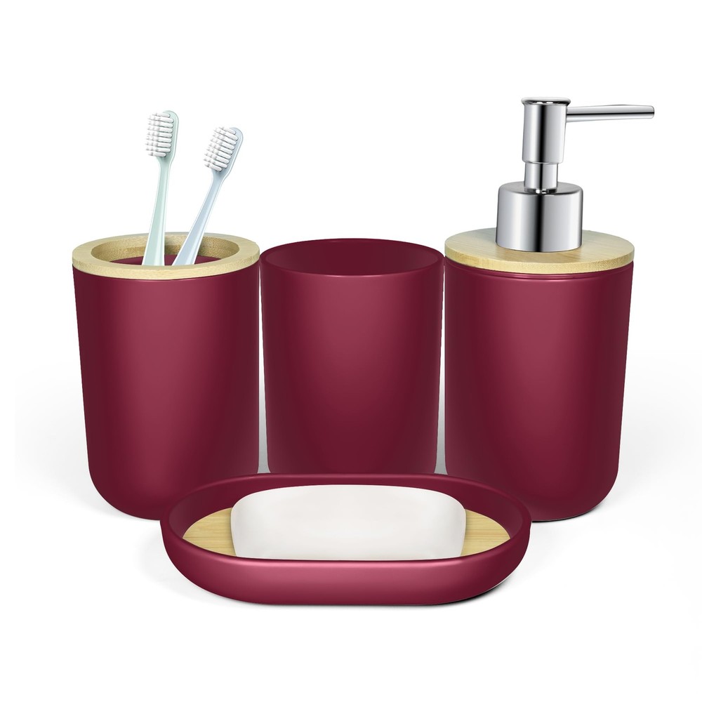 4-Piece Wine Red Bamboo Bathroom Set – Soap Dispenser, Tumbler & More