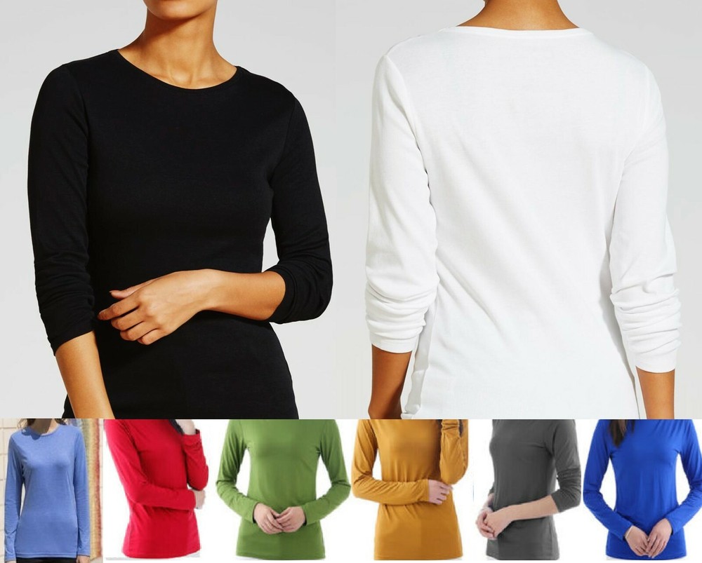 Womens ladies basic long Sleeve scoop round neck Tee shirt Top stretch causal UK