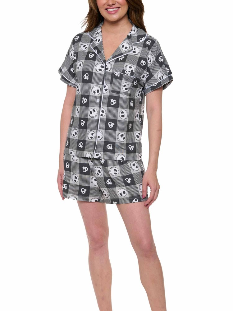 Disney Womens Jack Skellington 2 Piece Button Shirt and Short Pajama Lounge Set