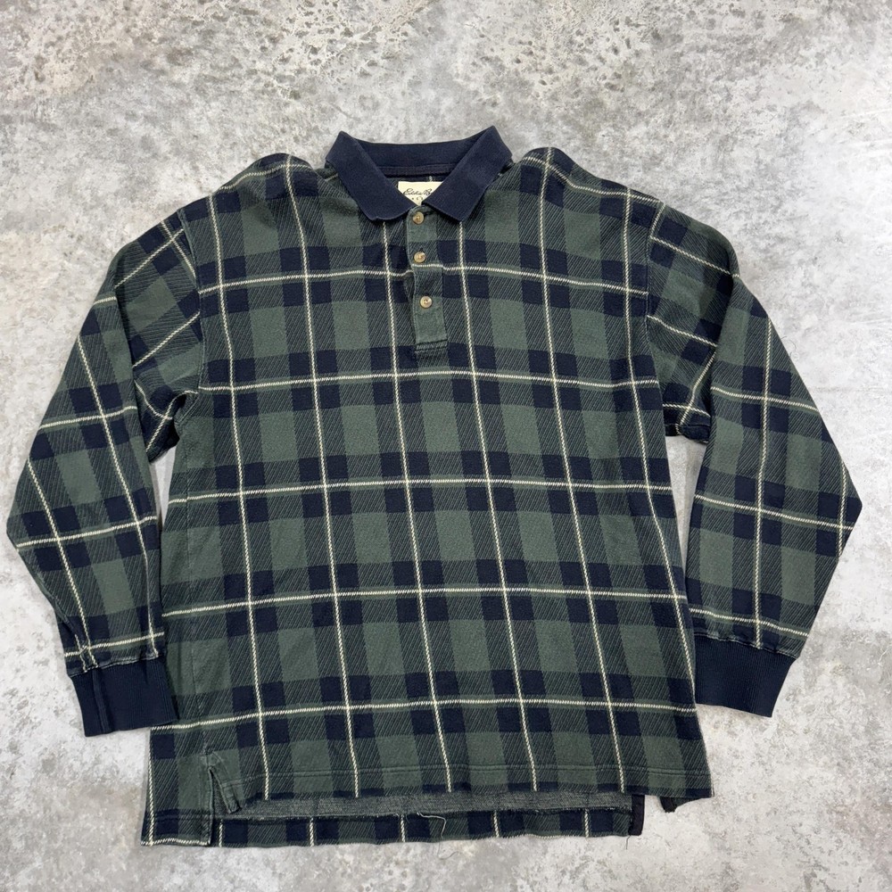 Eddie Bauer Polo Shirt Mens Large Green Plaid Long Sleeve Cotton Knit Rugby