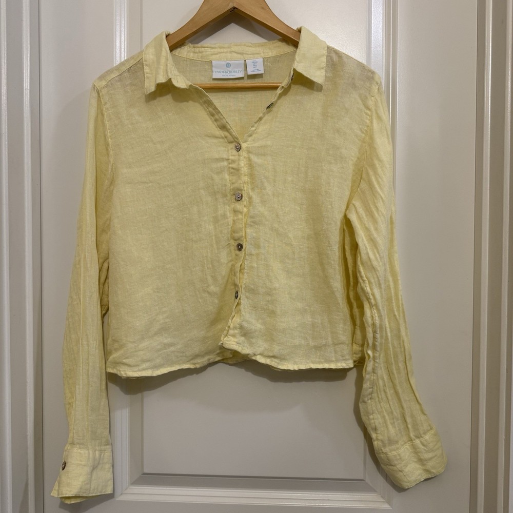 Cynthia Rowley Yellow 100% linen Button-Down cropped shirt large coastal travel