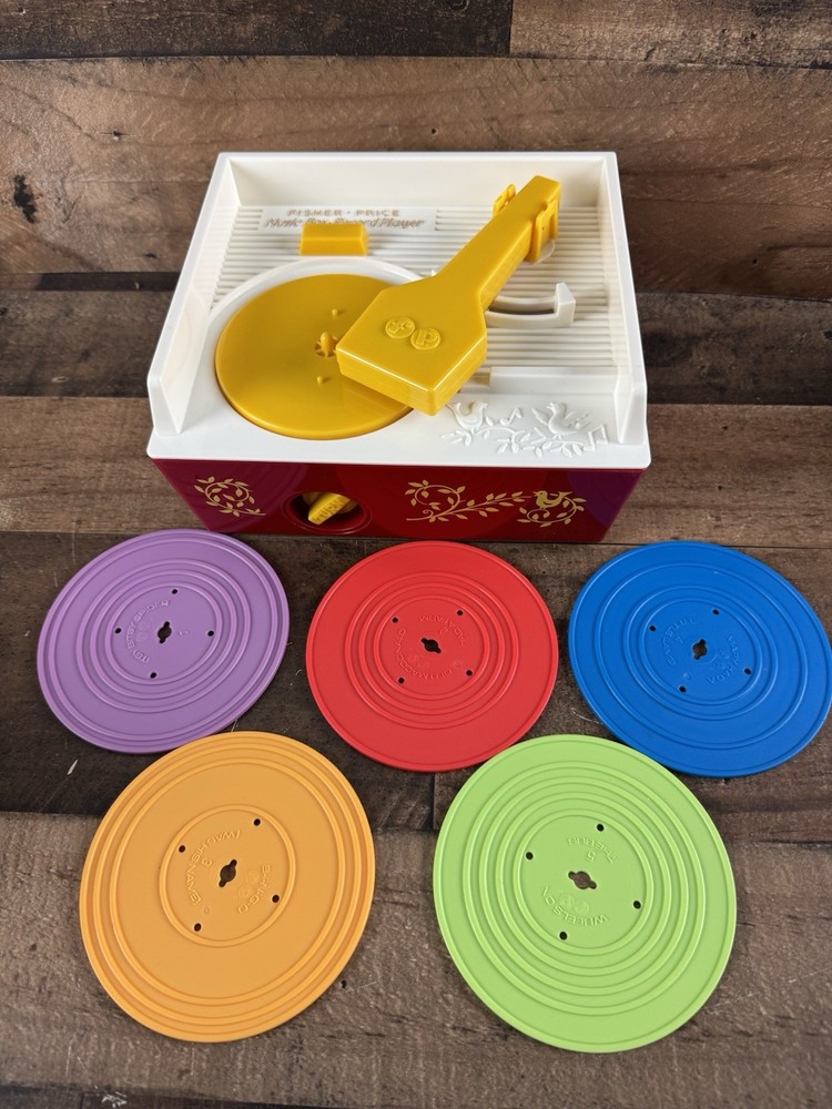 Vintage Fisher Price Music Box Toy Record Player with Original 5 Records - Fully Functional