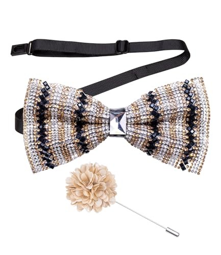 Elegant Pre-Tied Bow Ties with Pocket Square & Lapel Pin in Black Gold White