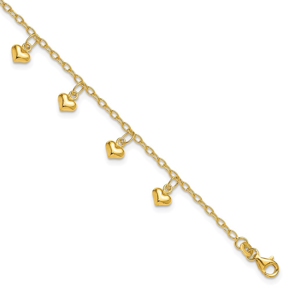 Sterling silver gold-tone polished puffed heart anklet 10 inch 3.41 grams
