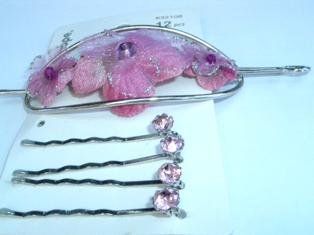 PINK SILK FLORAL BUN AND PONYTAIL HOLDER W STICK & 4 PINK  BOBBY PINS NEW