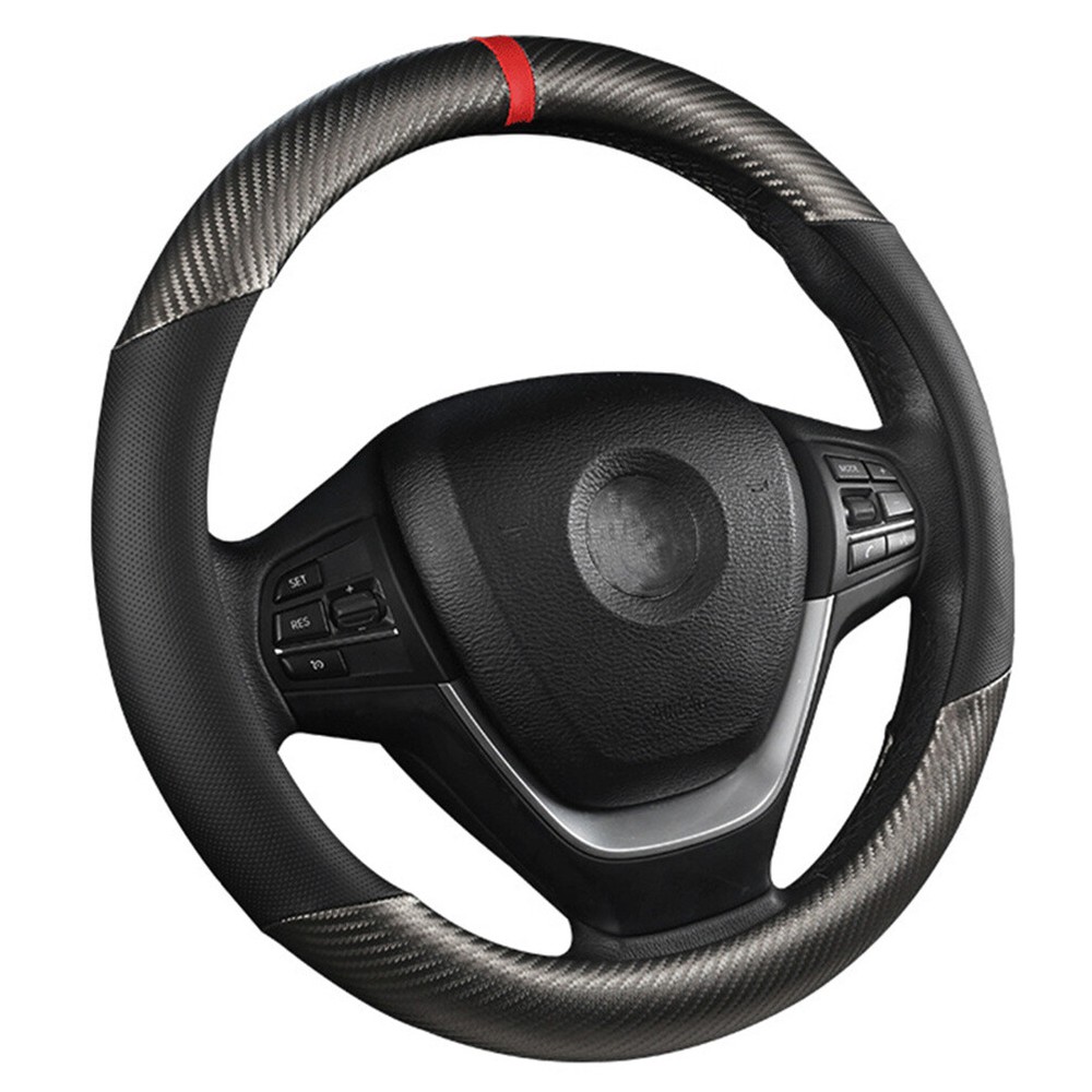 Car Steering Wheel Cover Carbon Black Leather Breathable Anti-slip Accessories;