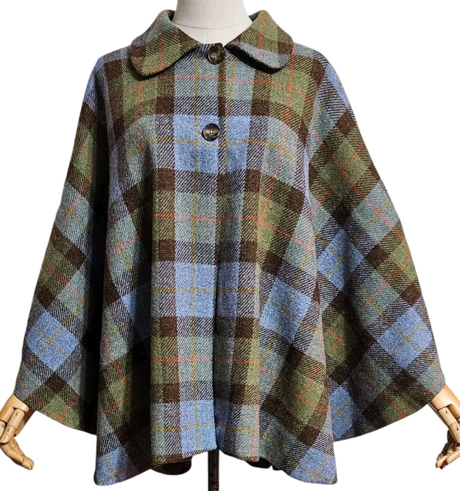 BUCKTROUT Yorhshire HARRIS TWEED Stylish Poncho /Cape ,Blue/Green Check ONE SIZE
