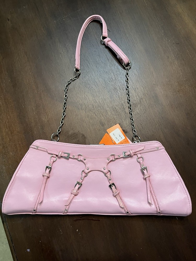 Vintage Y2K Baguette Bondage Style Pink Leather Women's Shoulder Bag Rocker Glam
