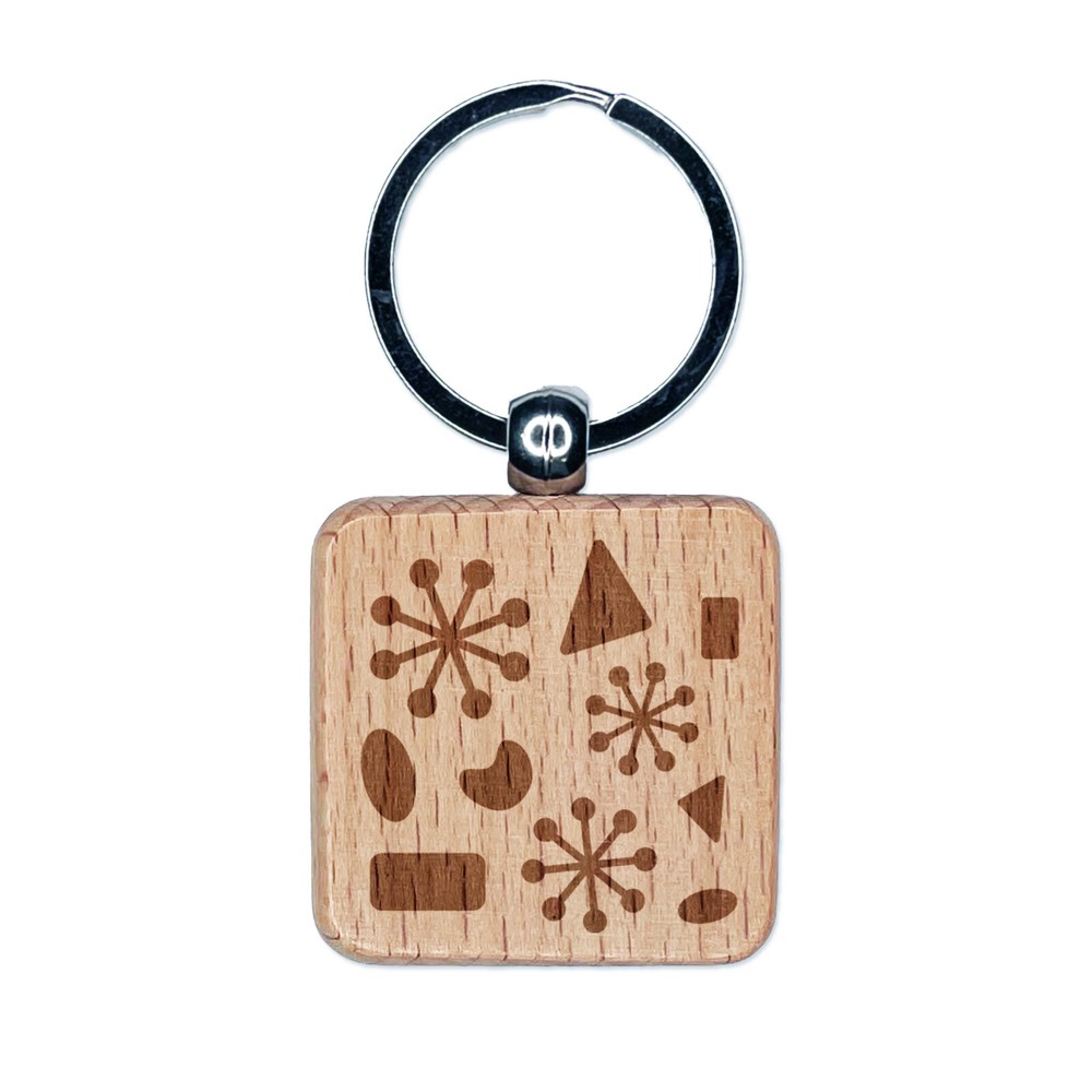 Midcentury Engraved Wood Square Keychain Charm with Geometric Shapes