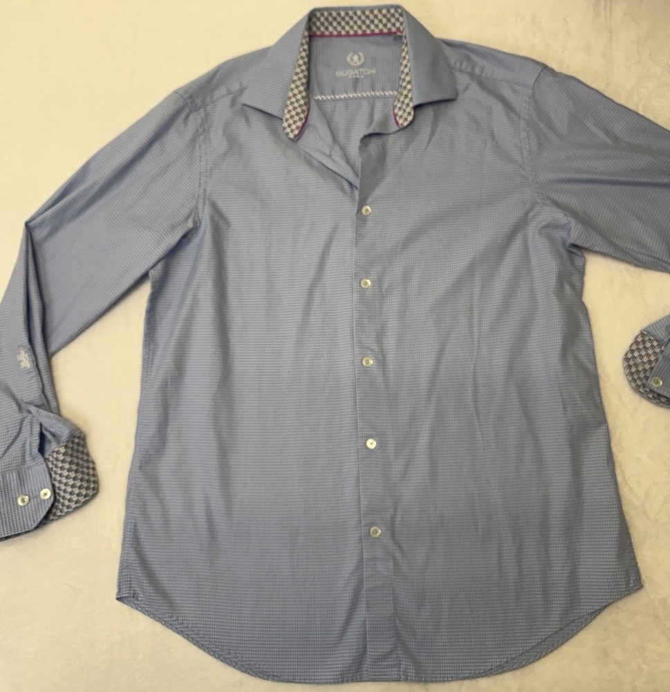 Bugatchi Shirt Mens 16.5 / 34 Blue Check Super Fine Cotton Button Up Long Sleeve
