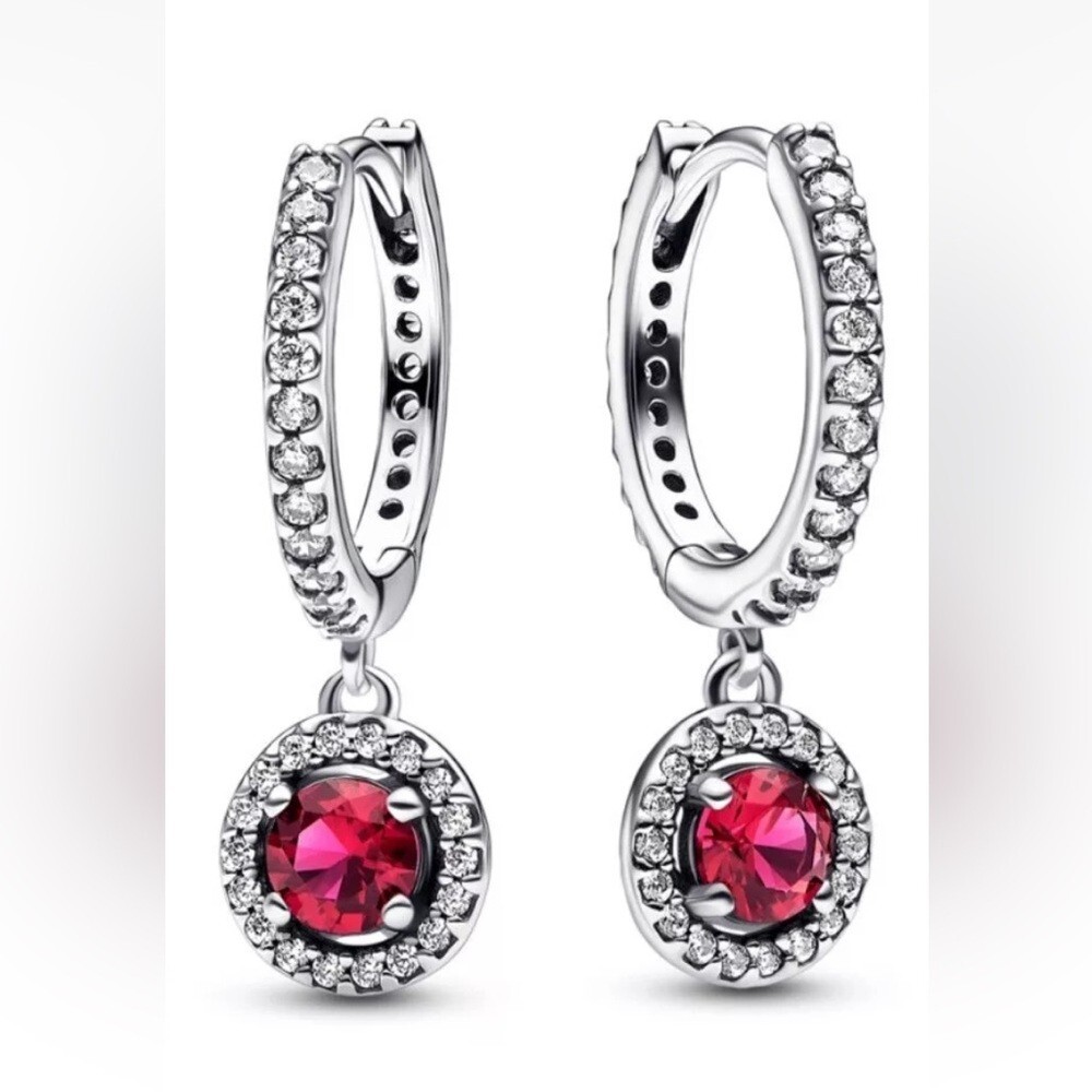 Pandora Ale red round sparkling hinged huggie hoops w/ cubic zirconia pave.