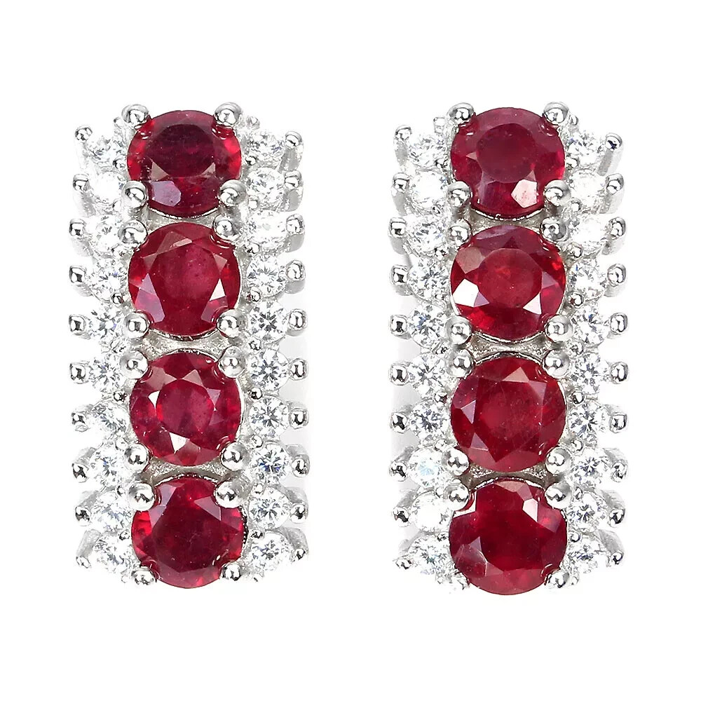 3CT Round Simulated Red Ruby Hoop & Huggie Earrings in 925 Sterling Silver