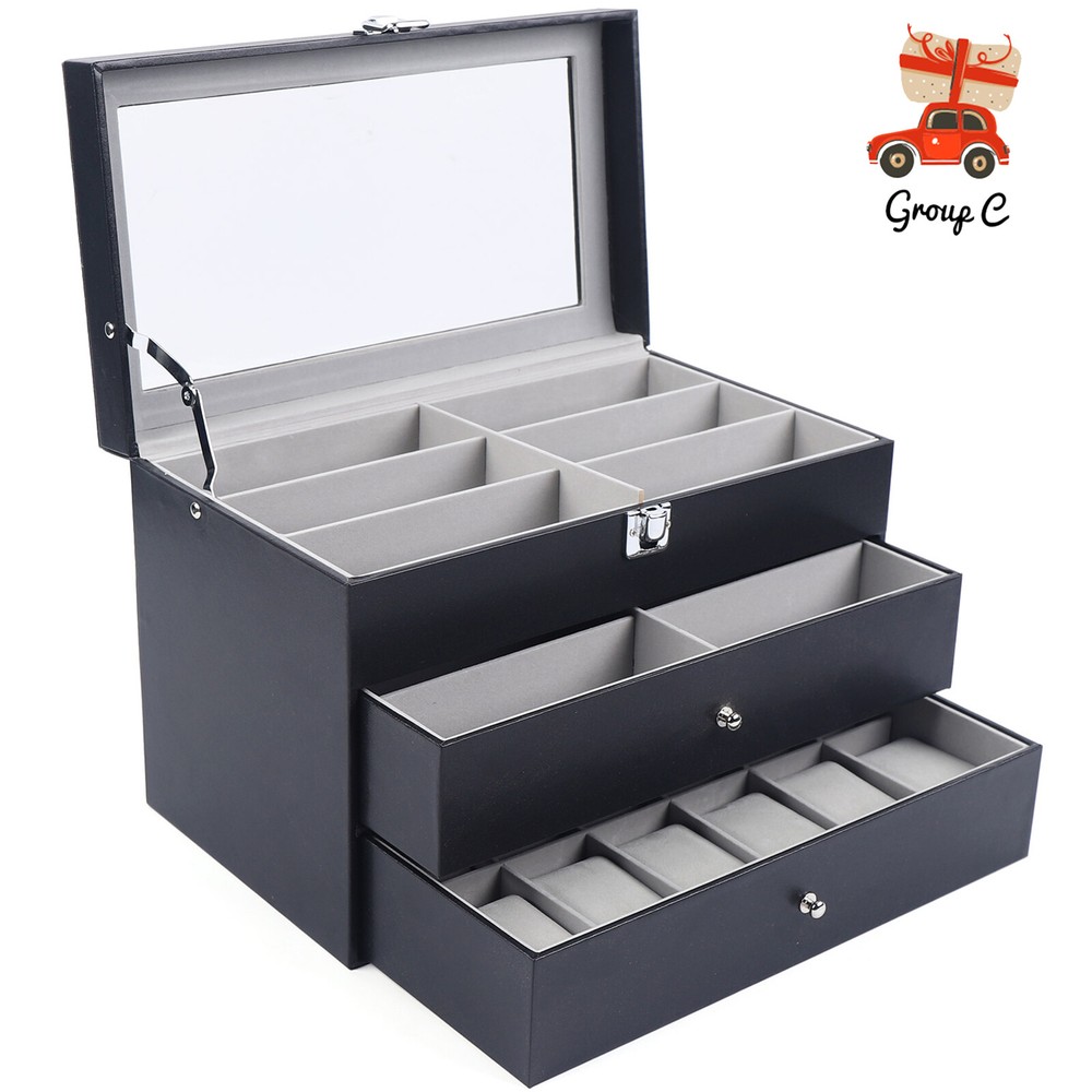 24-Slot 3-Layer Leather Watch Display Case with Jewelry Storage