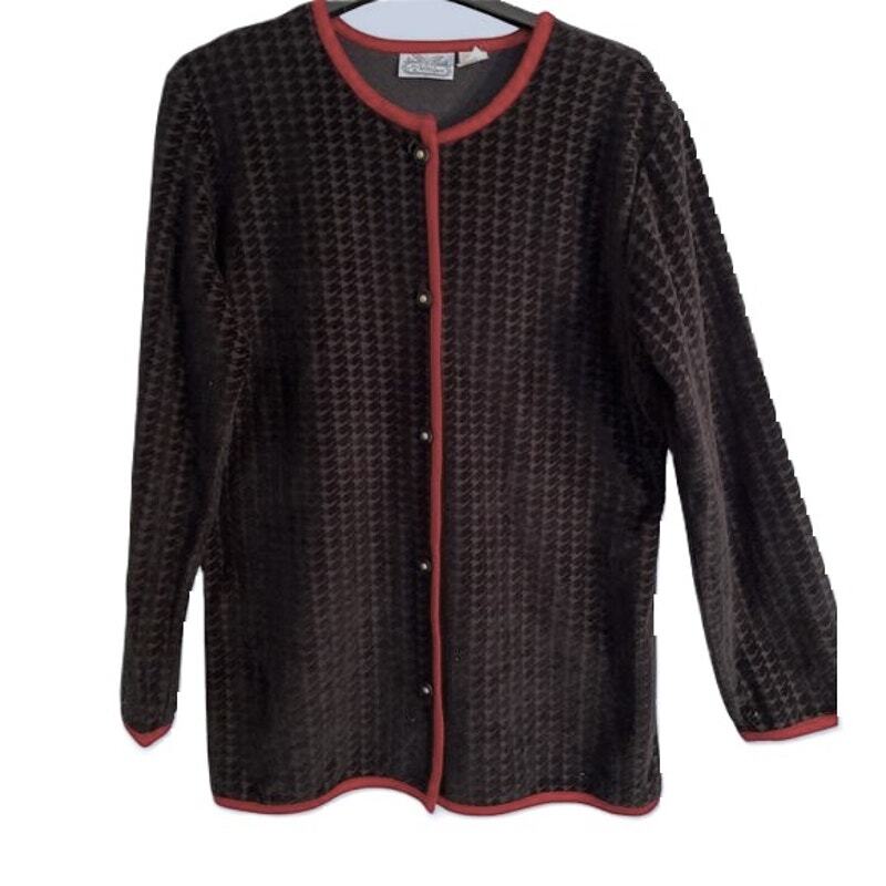 Villager Top Womens Size M Black Red Trim Button Up Long Sleeve Shacket Vintage