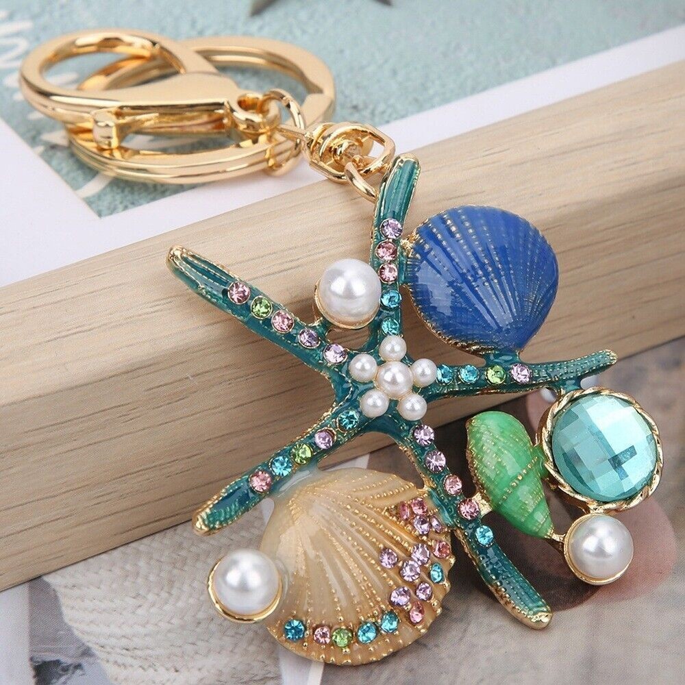 Ocean Series Rhinestone Starfish Scallop Pearl Keychain Bag Pendant