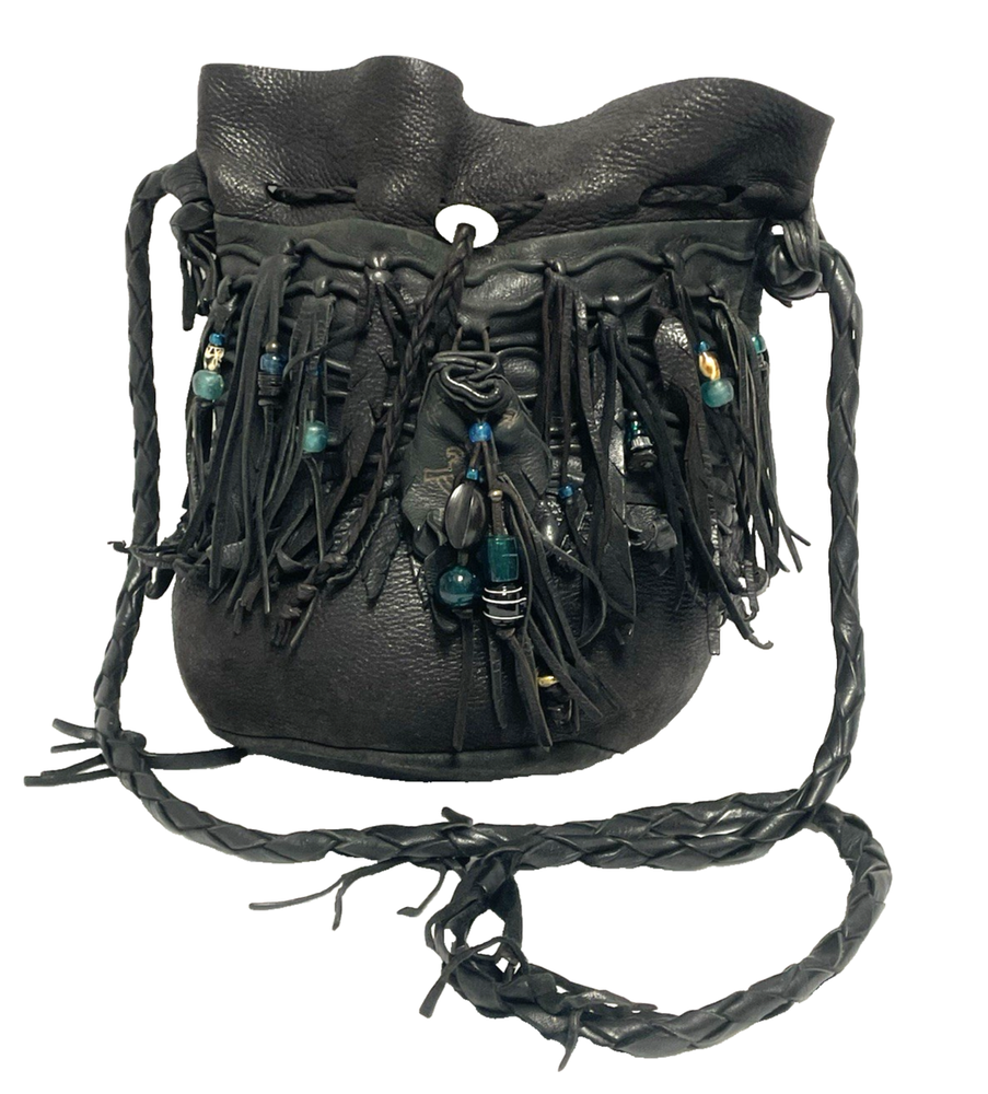 Vintage Black Lambskin Kokopelli Beaded Shoulder Bag