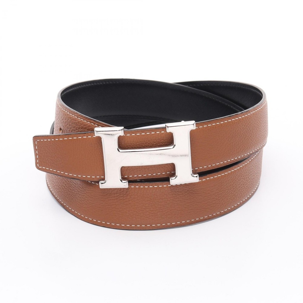 HERMES Constance H Belt in Box Calf Togo Leather Black Brown Used Men SHW