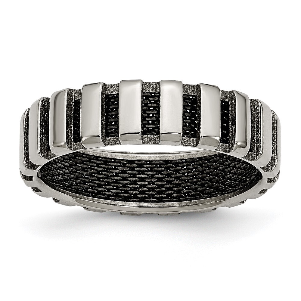 Titanium Polished with Black IP-plated Wire 6mm Band Ring Size 6