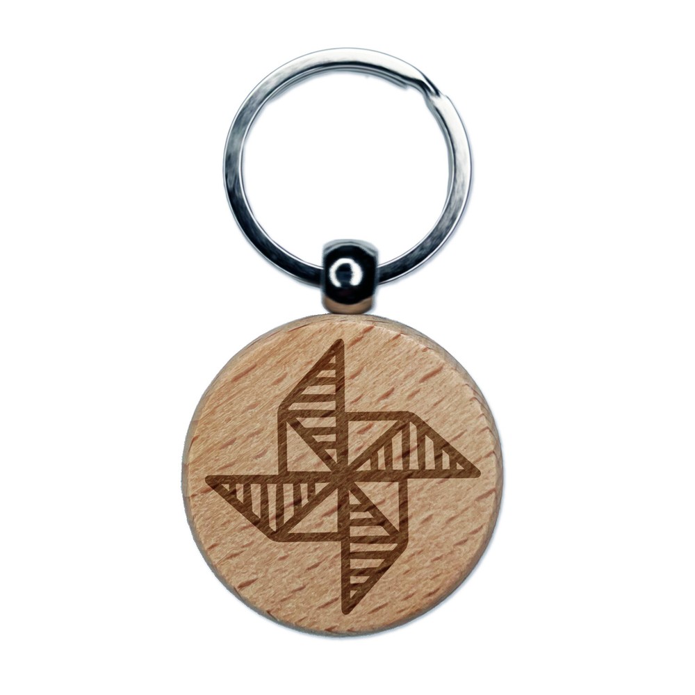 Pinwheel Fan Engraved Wood Round Keychain Tag Charm