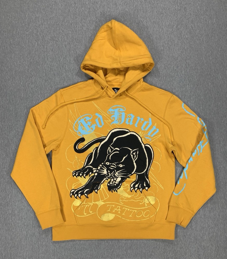 Ed Hardy Yellow Hoodie Black Panther Pullover Sweatshirt Men's Medium EHM1300-55