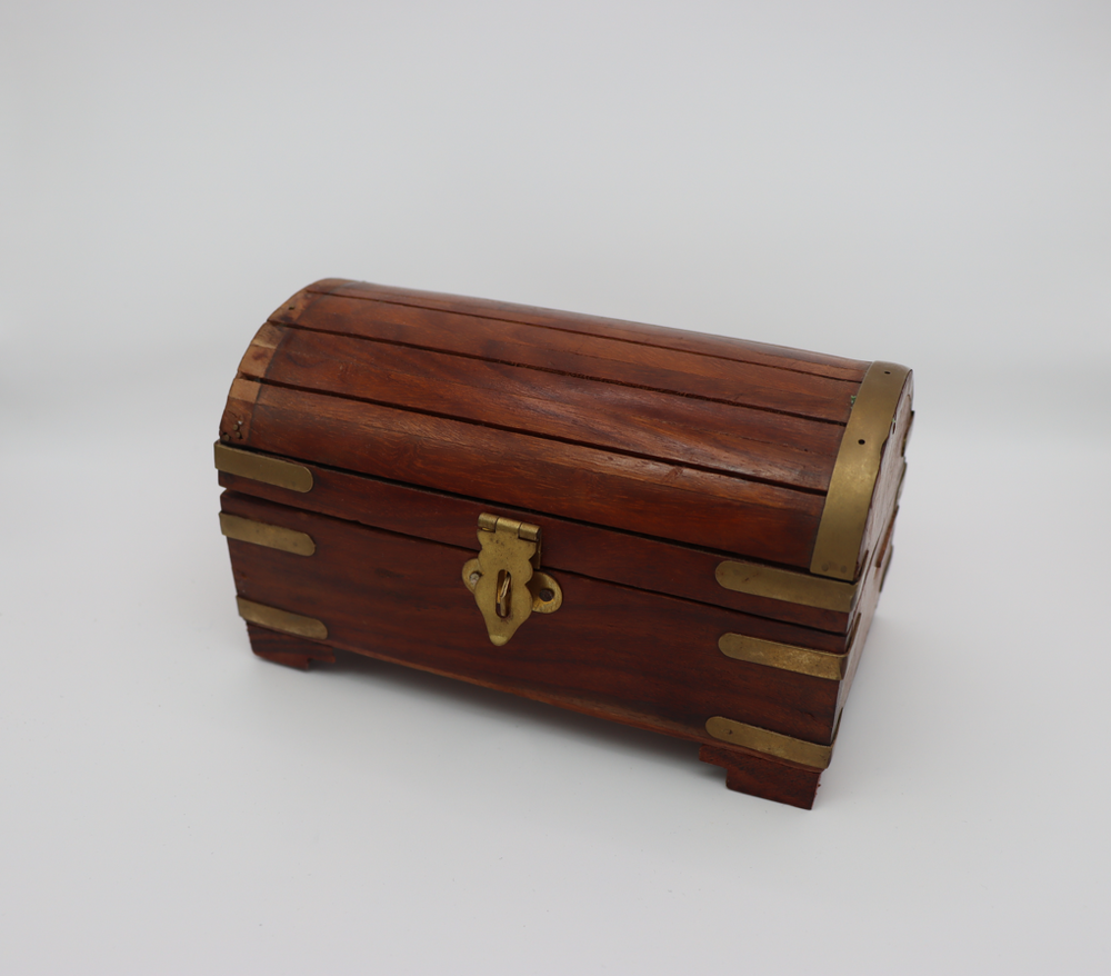 Small Wooden and brass jewelry box with hidden drawer, small flaw, Made in India