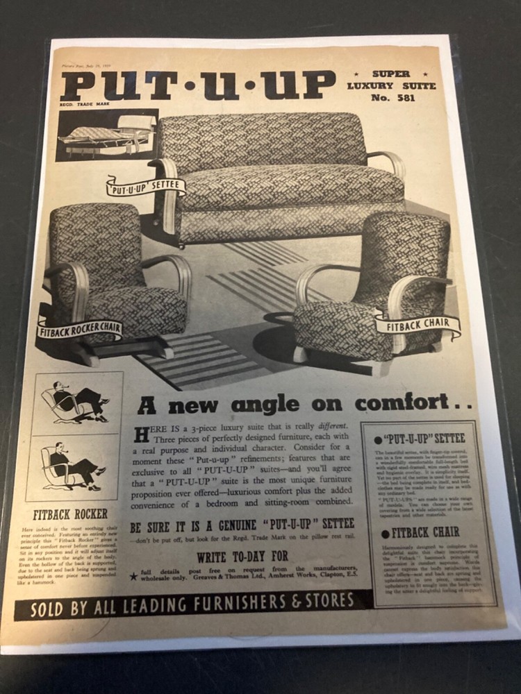 PUT•U•UP couch and chair ad 1939 display in a room w/ antique furniture July