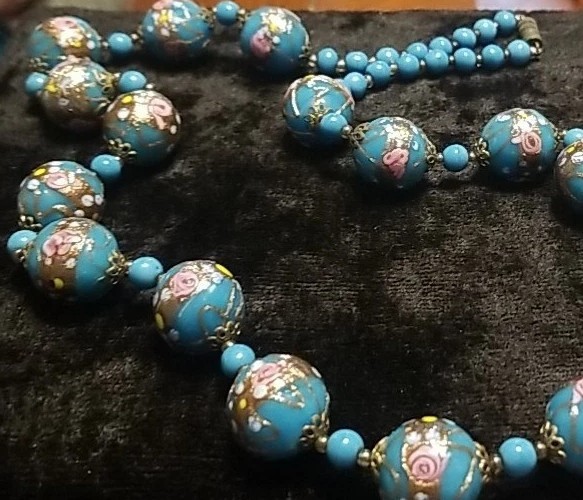 Venetian Glass Cake Bead Necklace, Vintag Wedding Cake, Blue, Pink & Floral, 24