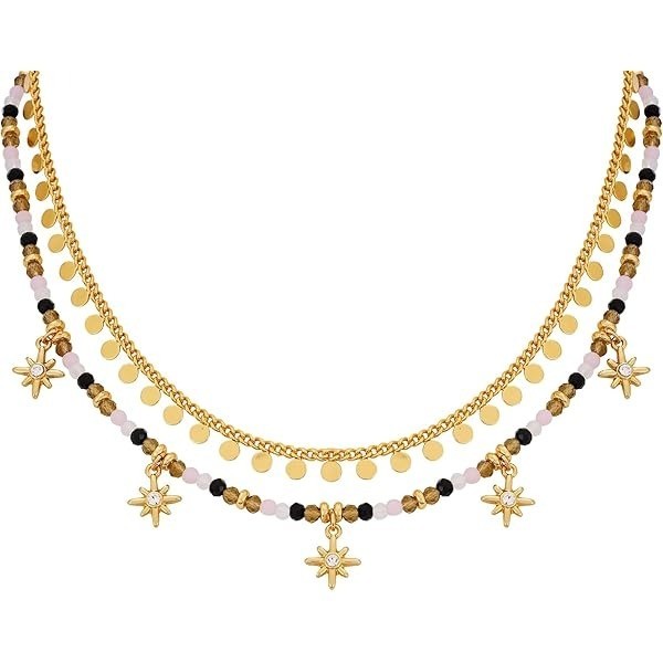 Lucky Brand 2-Layer Gold-Plated Beaded Necklace With Stars & Cubic Zirconia gems