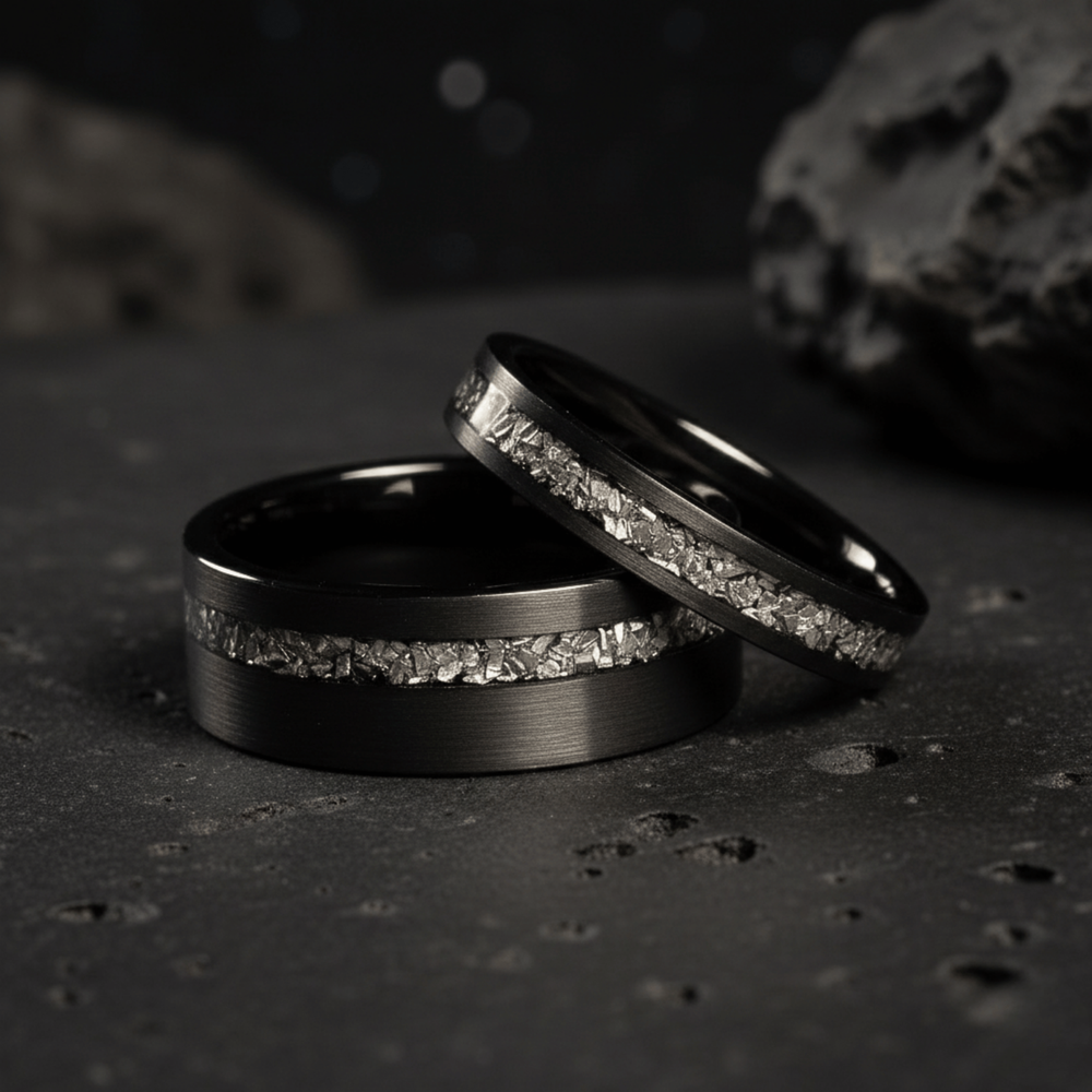 Couples Black Meteorite Ring Set – His and Hers Brushed Tungsten Wedding Bands