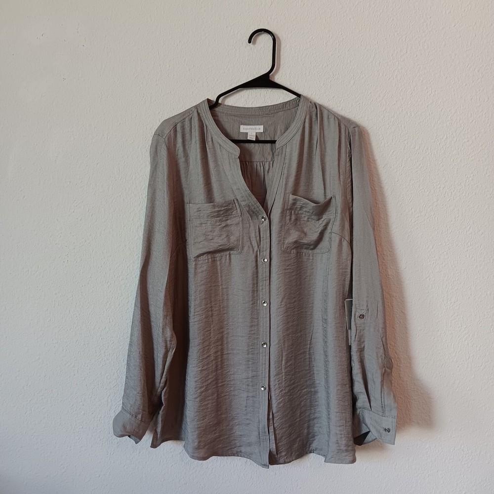 Charter Club Button Down Shirt Large Metallic Gray Womens Rayon Blend Career New
