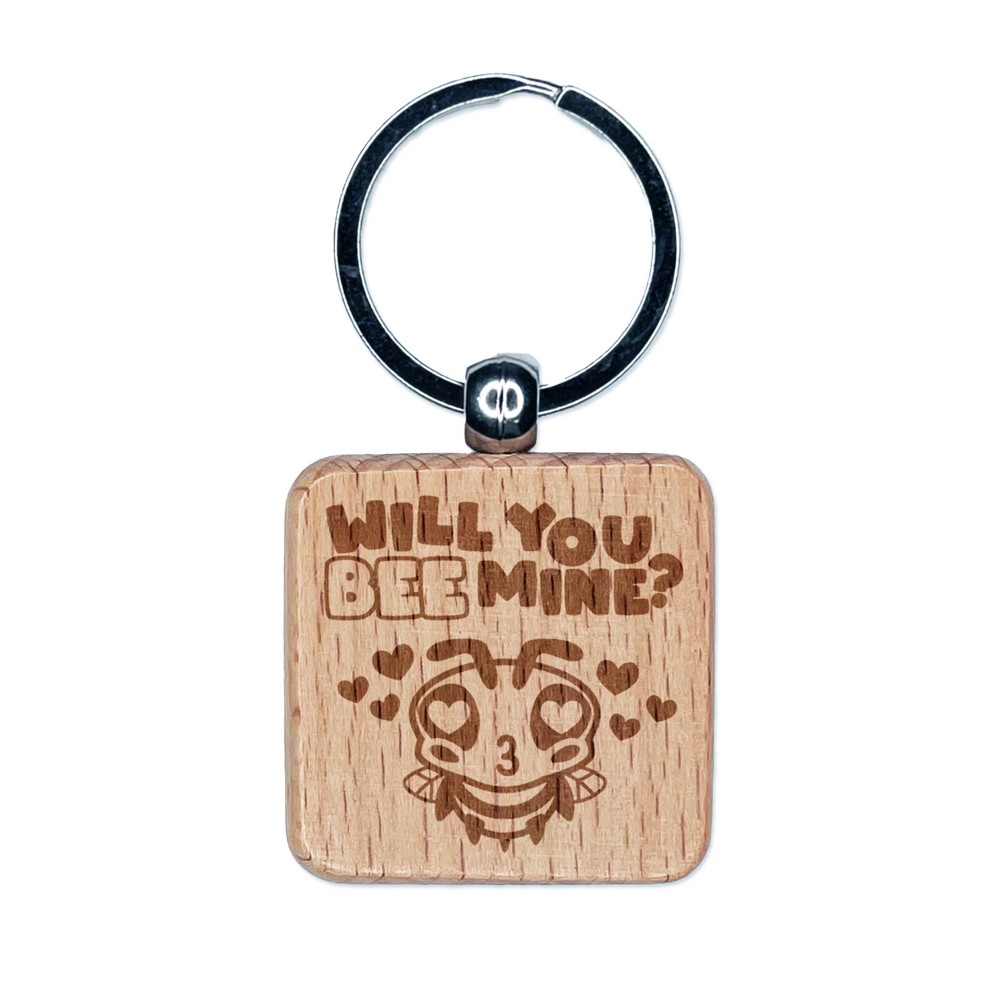 Bee Mine Engraved Wooden Keychain Charm with Heart Design  