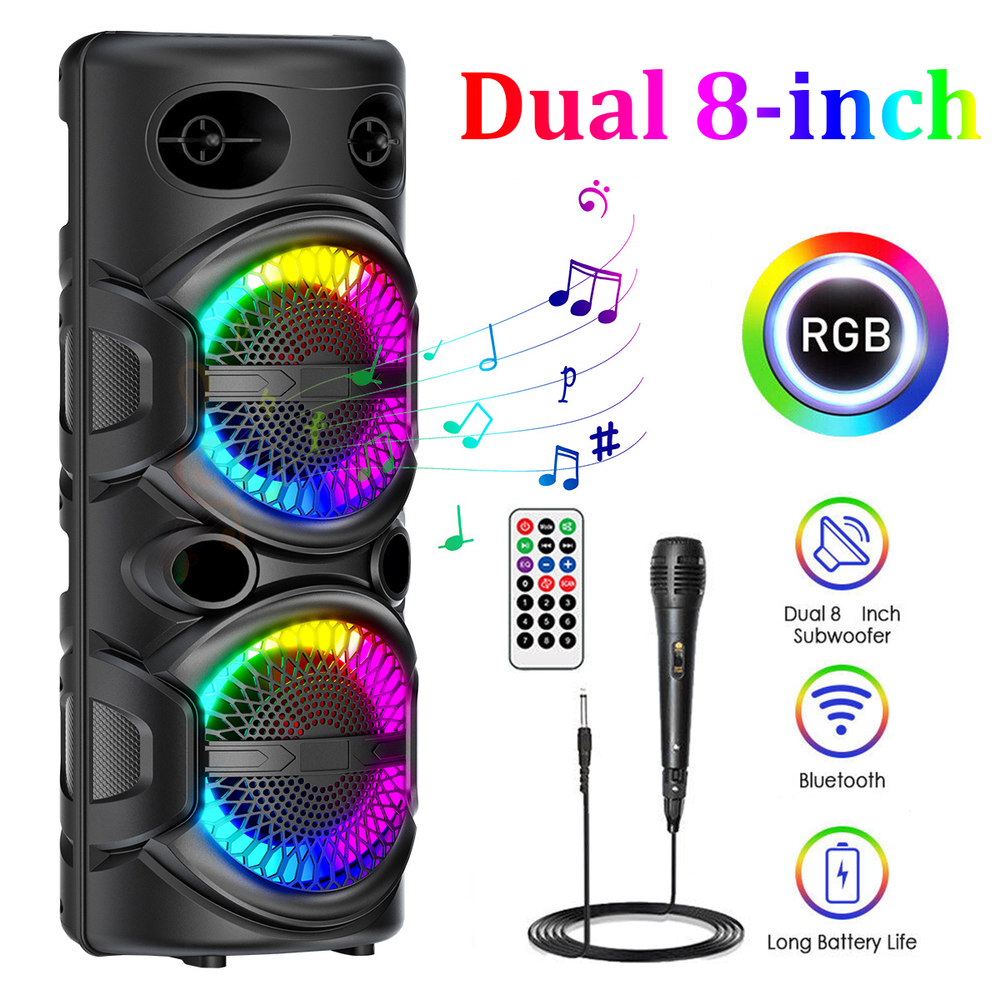 Dual 8-inch Portable Bluetooth Speaker with Subwoofer Karaoke Mic Remote LED Lights TWS