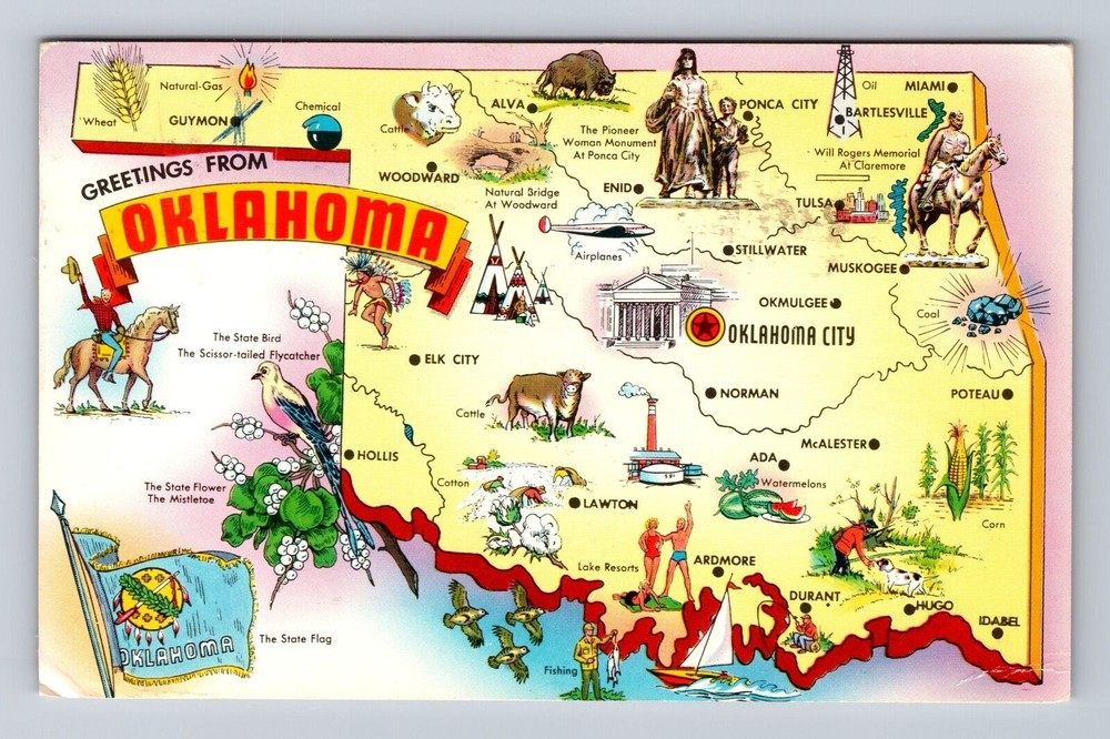 OK-Oklahoma, General Greetings Map Landmarks, Antique, Vintage c1968 Postcard