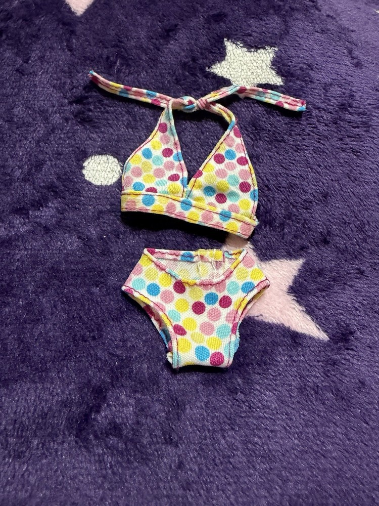 Vintage Barbie Doll Yellow Pink & Blue Polka Dot Bikini Swimsuit Mattel